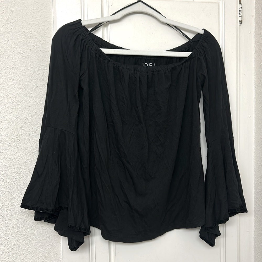 Loft Black Peasant Top Flare Sleeves Size Small Off Shoulder Velvet Detail
